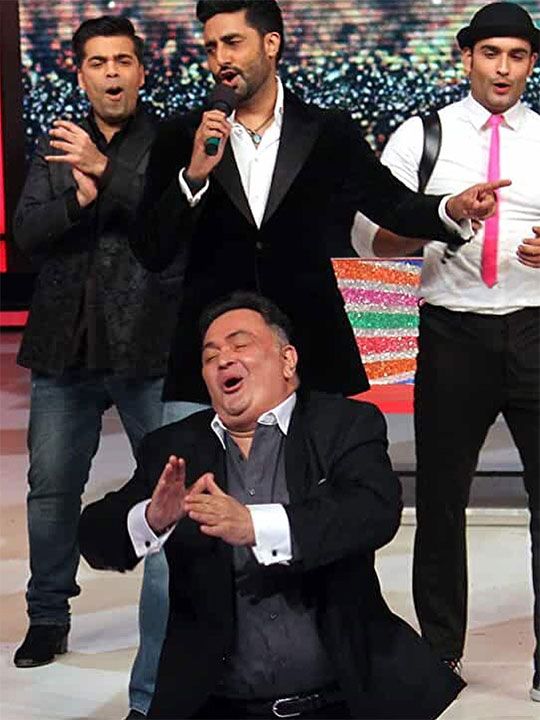 From left : Karam Johar, Abhishek Bachchan and late actor Rishi Kapoor