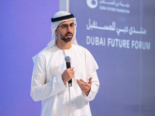 Omar Sultan Al Olama addressing the forum on Tuesday at Museum of the Future