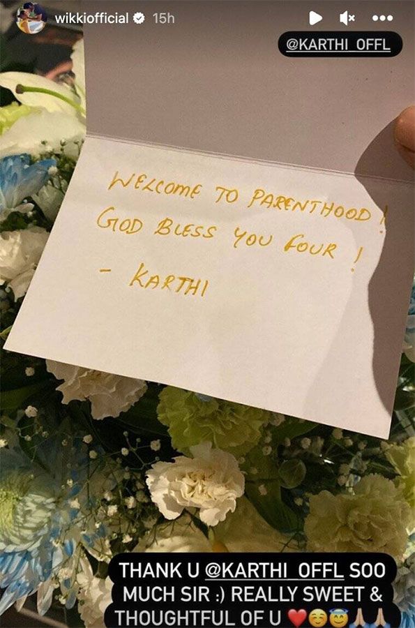 Actor Karthi has sent a handwritten note welcoming the newly-wed couple Nayanthara and Vignesh Shivan to parenthood.
