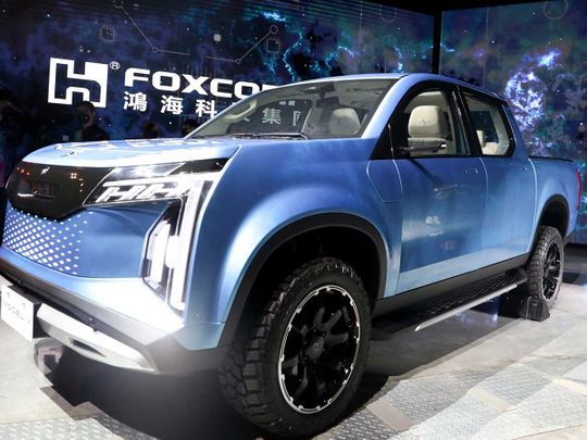 Foxconn Technology Group Model V pickup truck is unveiled at an event in Taipei