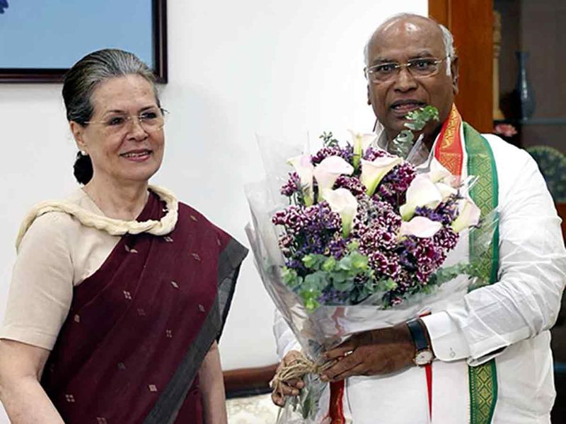 Congress leader Sonia Gandhi greets newly elected Congress president Mallikarjun Kharge after his victory, in New Delhi on Wednesday. Kharge, 80, seen to be the 