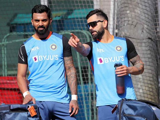 India's Virat Kohli and KL Rahul take part in a practice session. 