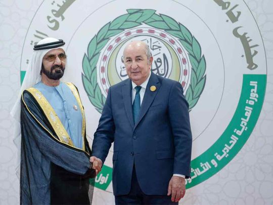 His Highness Sheikh Mohammed bin Rashid Al Maktoum, Vice -President and Prime Minister of the UAE and Ruler of Dubai, with Algerian Prime Minister Ayman bin Abdul Rahman at an official reception held at the Houari Boumediene International Airport, in Algiers.