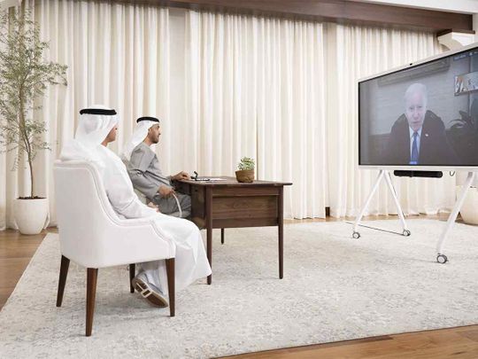 President His Highness Sheikh Mohamed bin Zayed Al Nahyan virtually meets with US President Joe Biden.