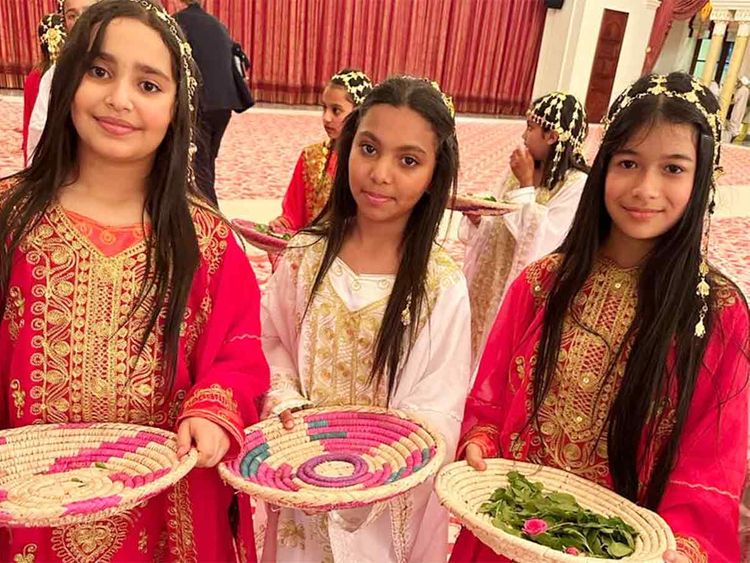 Bahraini girls are seen at during the Pope Francis welcoming ceremony. 