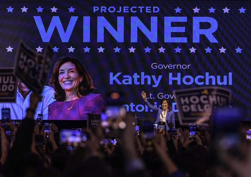New York Gov. Kathy Hochul celebrates her win during an election night party 