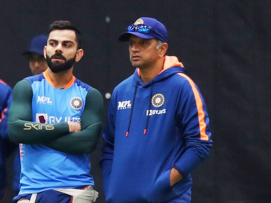 India's Virat Kohli interacts with head coach Rahul Dravid during a practice session ahead of the match against Bangladesh at ICC Men's T20 World Cup 2022, at Adelaide Oval