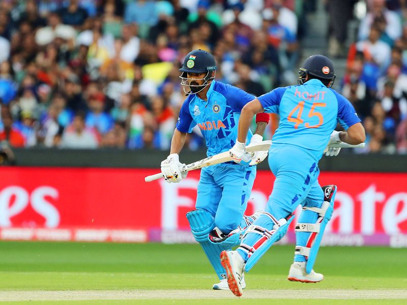 India's skipper Rohit Sharma and teammate KL Rahul run between the wickets during the ICC Men's T20 World Cup 2022 Super 12 Group 2 match against Zimbabwe, at Melbourne Cricket Ground, in Melbourne on Sunday.