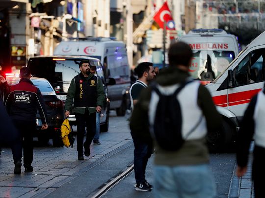 View of ambulances at the scene after an explosion on busy pedestrian Istiklal street in Istanbul, on November 13, 2022. 