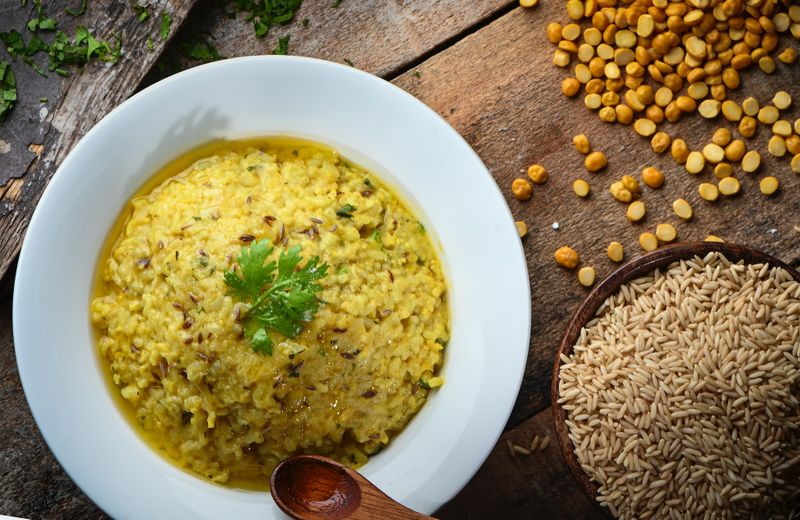 A bowl of khichdi with coriander 