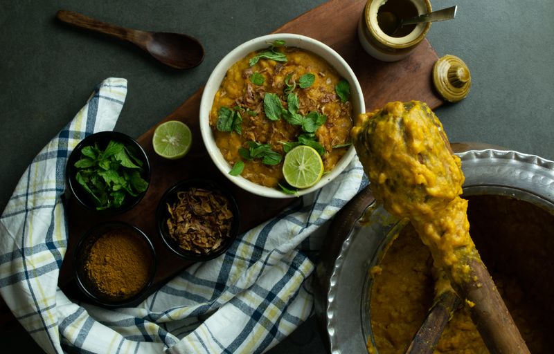 Khichda is made up of goat meat, beef, lentils and spices, slowly cooked to a thick curry.