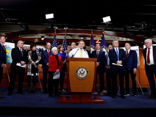 US Rep. Jim Jordan (R-Ohio), ranking Republican on the House Judiciary Committee, is flanked by fellow House Republicans as he discusses the investigation into the Biden family’s business dealings during a news conference at the US Capitol in Washington, U.S., November 17, 2022.