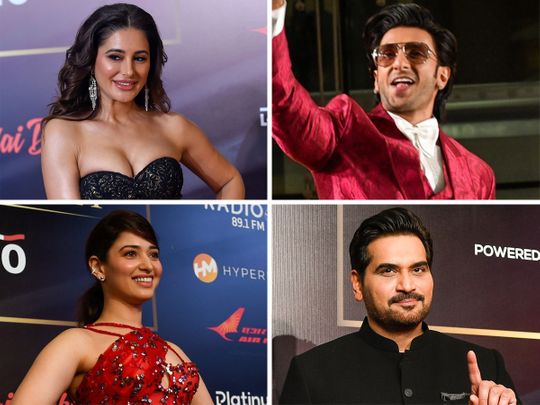 Clockwise from top-left: Nargis Fakhri, Ranveer Singh, Humayun Saeed and Tamanna Bhatia at the Filmfare Middle East Achievers Night 2022, in Dubai. 