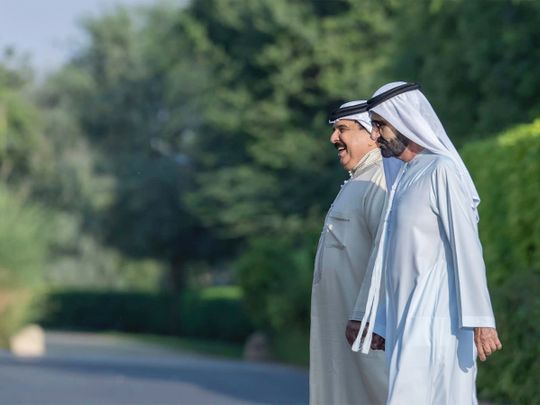 His Highness Sheikh Mohammed bin Rashid Al Maktoum, Vice-President and Prime Minister of the UAE and Ruler of Dubai, on Saturday met with His Majesty King Hamad bin Isa Al Khalifa of Bahrain in Al Marmoum, Dubai.