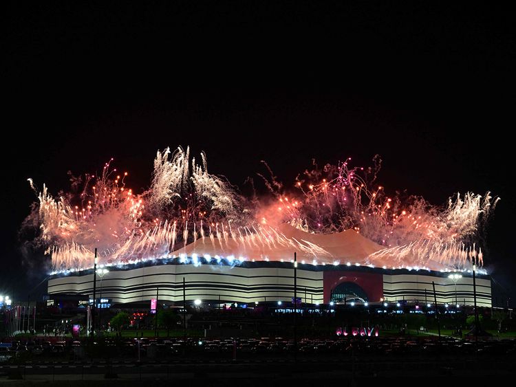 A photo shows a fireworks display during the opening ceremony ahead of the Qatar World Cup Group A football match between Qatar and Ecuador at the Al Bayt Stadium in Al Khor, north of Doha. 