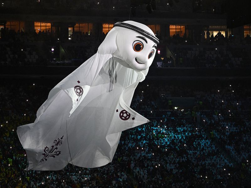 The Qatar mascot La'eeb performs during the opening ceremony ahead of the World Cup Group A football match between Qatar and Ecuador at the Al Bayt Stadium in Al Khor, north of Doha on November 20, 2022. 