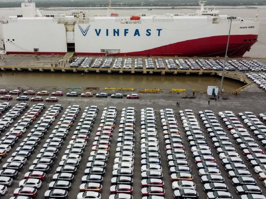Vinfast EV cars are seen during a car shipment to the U.S. in Haiphong city, Vietnam, November 25, 2022.