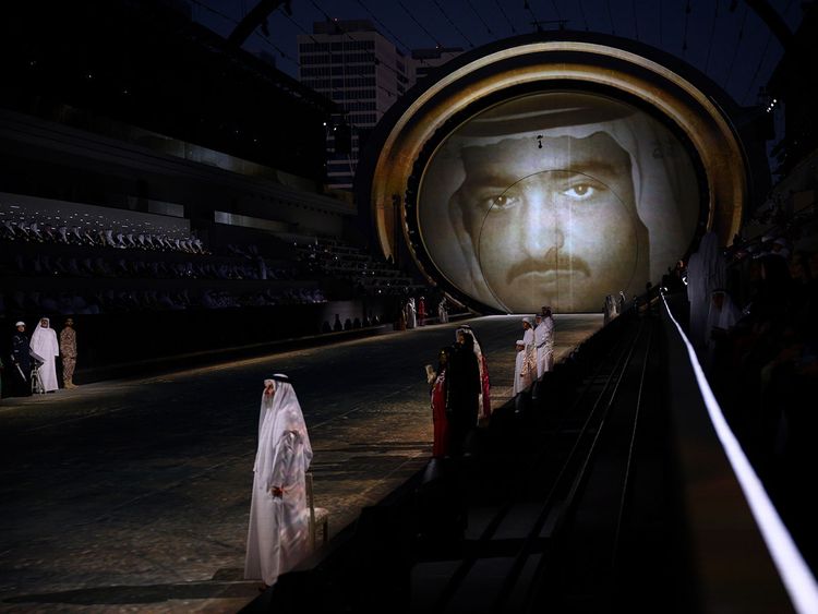 ABU DHABI, UNITED ARAB EMIRATES - December 02, 2022: An image of the late HH Sheikh Khalifa bin Zayed Al Nahyan, former President of the UAE and Ruler of Abu Dhabi, is projected during the 51st UAE National Day show, at Abu Dhabi National Exhibition Centre (ADNEC).