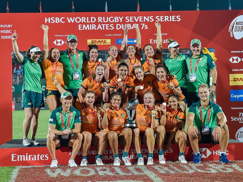 Australian women’s Rugby team celebrates after winning the finals of the HSBC World Rugby Sevens Series, at The Sevens Stadium in Dubai.  