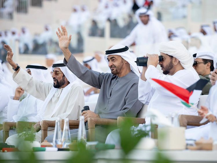 From right: Sheikh Zayed bin Theyab bin Mohamed Al Nahyan, Sheikh Hamdan bin Zayed Al Nahyan, Ruler’s Representative in Al Dhafra Region, President Sheikh Mohamed bin Zayed Al Nahyan and Sheikh Tahnoon bin Mohamed Al Nahyan, Ruler's Representative in Al Ain Region, attend the ‘March of the Union’ parade, during the Sheikh Zayed Heritage Festival.