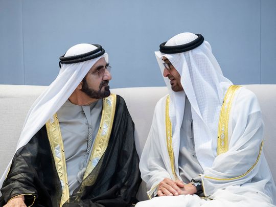 President His Highness Sheikh Mohamed bin Zayed Al Nahyan, right, with His Highness Sheikh Mohammed bin Rashid Al Maktoum, Vice-President, Prime Minister of the UAE, Ruler of Dubai and Minister of Defence, while attending the National Day official ceremony.  