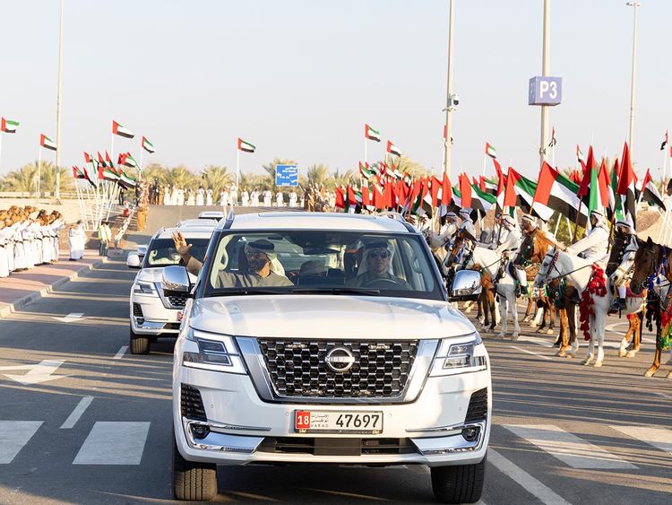 President Sheikh Mohamed bin Zayed Al Nahyan and Sheikh Mansour bin Zayed Al Nahyan, UAE Deputy Prime Minister and Minister of the Presidential Court arrive at the Sheikh Zayed Heritage Festival to attend the ‘March of the Union’ parade. 