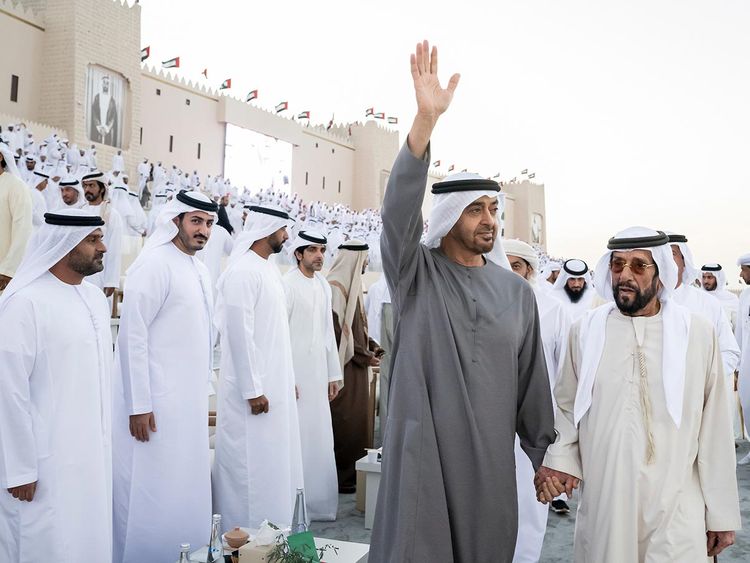 President Sheikh Mohamed bin Zayed Al Nahyan departs after attending the ‘March of the Union’ parade, during the Sheikh Zayed Heritage Festival.