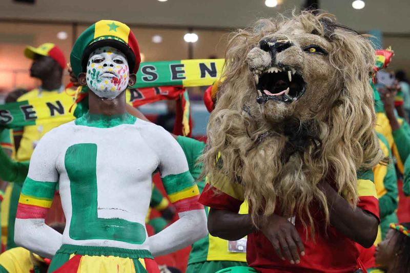 Supporters of Senegal, one with a mask of a lion, wait on the stands ahead of the Qatar World Cup round of 16 match between England and Senegal at the Al Bayt Stadium in Al Khor, north of Doha. 
