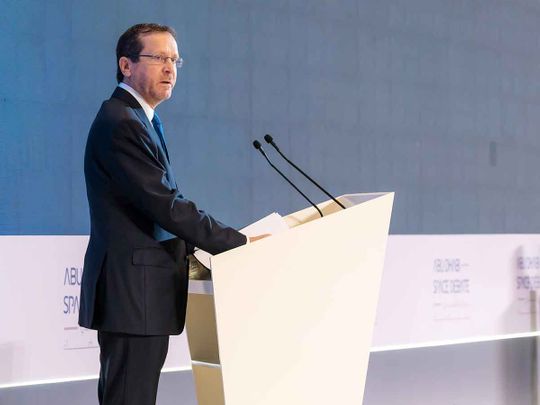 Israeli President Isaac Herzog speaks during the opening of the first Abu Dhabi Space Debate.