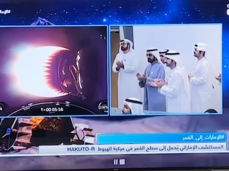 His Highness Sheikh Mohammed bin Rashid Al Maktoum, UAE Vice President and Prime Minister and Ruler of Dubai; Sheikh Hamdan bin Mohammed bin Rashid Al Maktoum, Crown Prince of Dubai, and Sheikh Maktoum bin Mohammed bin Rashid Al Maktoum, Deputy Ruler of Dubai, were at the Mission Control Centre inside the Mohammed bin Rashid Space Centre to witness the historic launch of Rashid Rover.