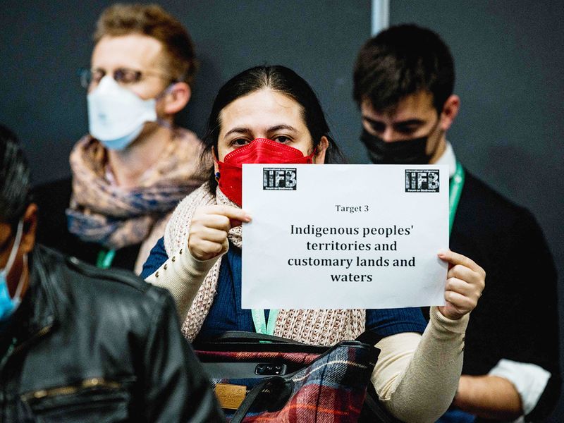 Protestors with the International Indigenous Forum on Biodiversity (IIFB) enter the room as negotiators meet to discuss Target 3 (30x30 target) at the United Nations Biodiversity Conference (COP15) in Montreal, Quebec, Canada on December 10, 2022. 