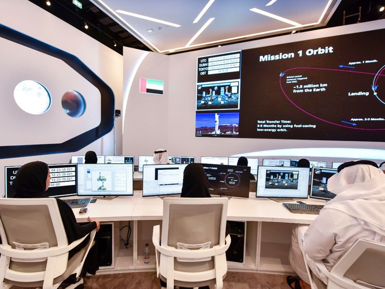 Staff at work at the Mission Control Room at the Mohammed Bin Rashid Space Centre in Dubai to monitor the live streaming of the launch of Rashid Rover from Cape Canaveral Space Force Station in Florida, US.  