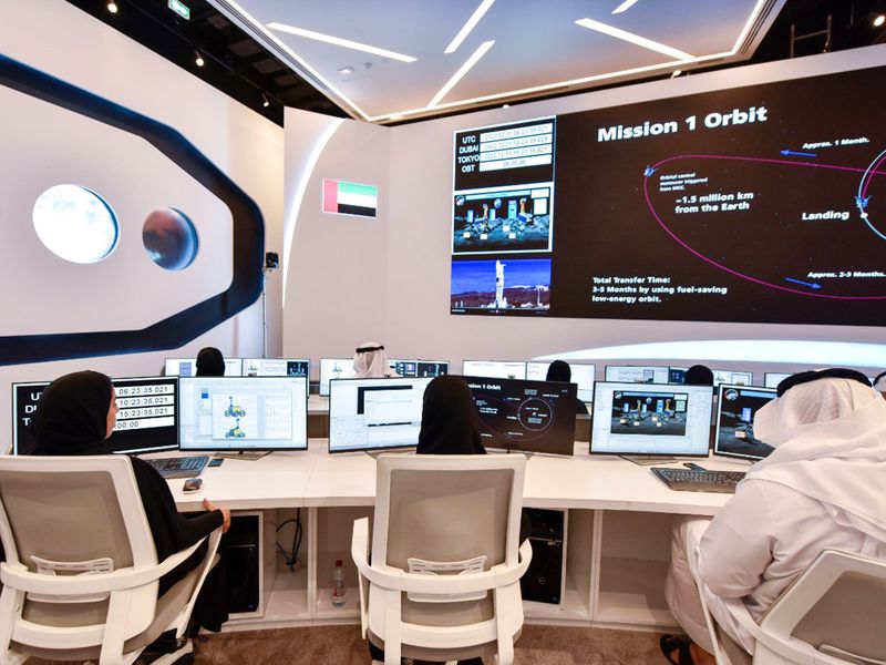 Staff at work at the Mission Control Room at the Mohammed Bin Rashid Space Centre in Dubai to monitor the live streaming of the launch of Rashid Rover from Cape Canaveral Space Force Station in Florida, US.  