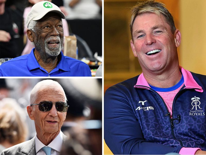 Cloclwise from top-left: Bill Russell, Shane Warne and Lester Piggott