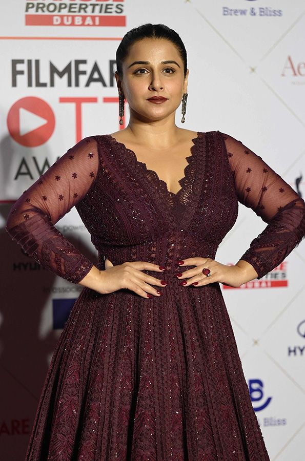 In this picture taken on December 21, 2022, Bollywood actress Vidya Balan poses for pictures at the 'Filmfare OTT Awards 2022' in Mumbai.