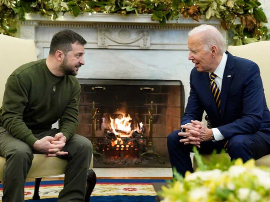 President Joe Biden speaks during a meeting with Ukrainian President Volodymyr Zelensky in the Oval Office 