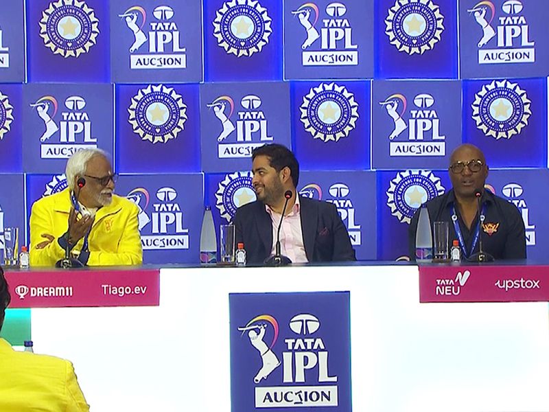 Mumbai Indians Owner Akash Ambani, Chennai Super Kings (CSK) CEO Kasi Viswanathan and SunRisers Hyderabad head coach Brian Lara during a joint press conference of IPL 2023 Auction, in Kochi on Friday. 