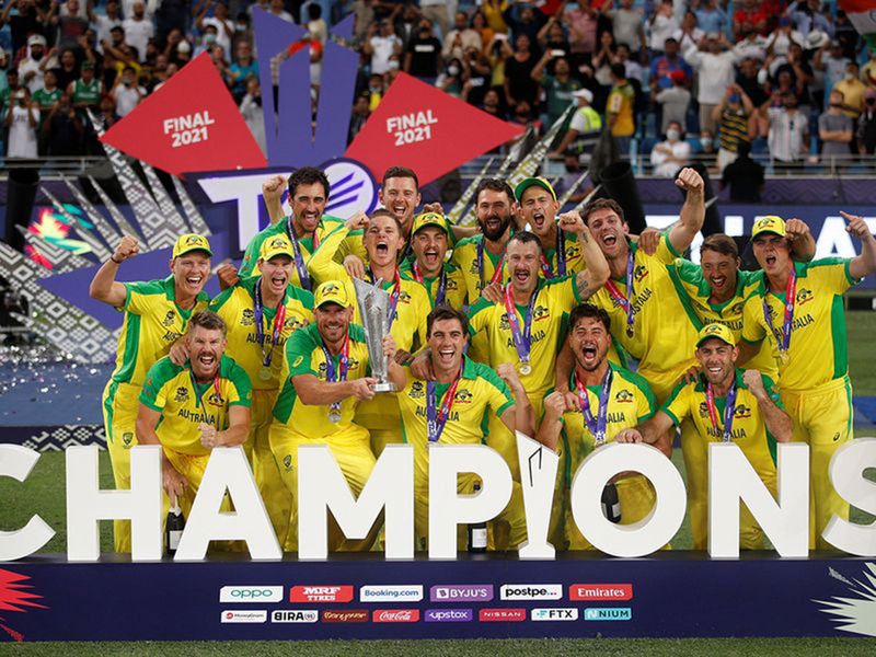 Australia celebrate winning the T20 World Cup, defeating New Zealand in the final in Dubai