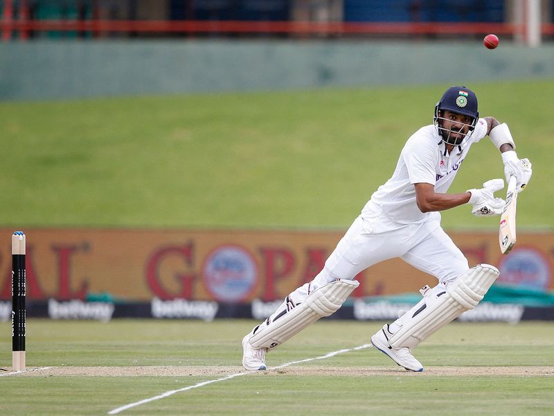 India's KL Rahul watches the ball after playing a shot during the first day of the first Test against South Africa