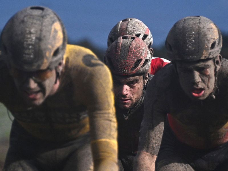 Riders during the 118th edition of the Paris-Roubaix one-day classic cycling race in northern France on October 3