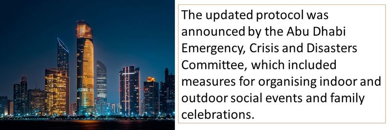 The updated protocol was announced by the Abu Dhabi Emergency, Crisis and Disasters Committee, which included measures for organising indoor and outdoor social events and family celebrations. 