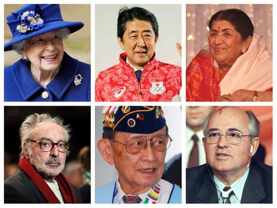 Clockwise from top-left: Queen Elizabeth II, Shinzo Abe, Lata Mangeshkar, Mikhail Gorbachev, Fidel Valdez Ramos and Jean-Luc Godard.