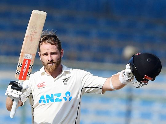 New Zealand's Kane Williamson celebrates scoring a double century