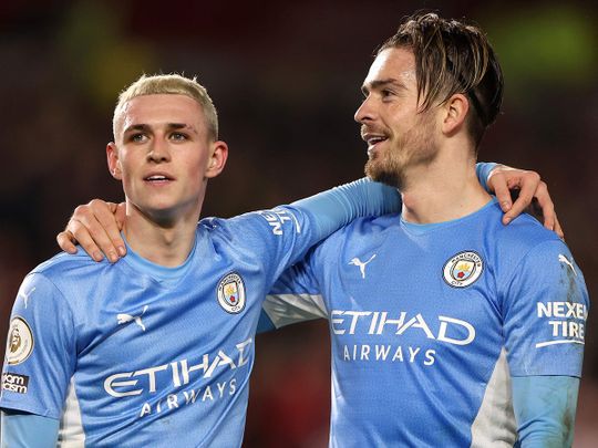 Manchester City's Phil Fode and Jack Grealish after the English Premier League win over Brentford 