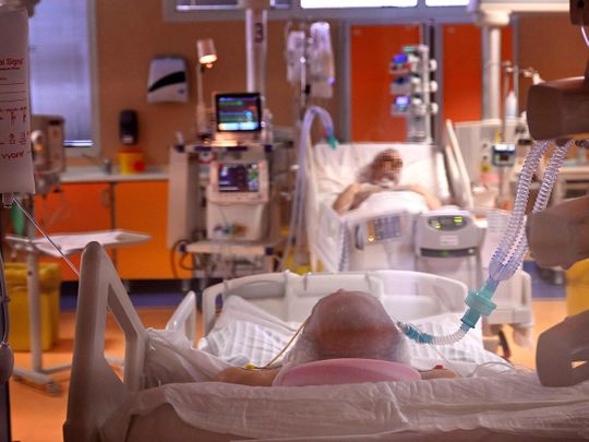 Patients under respiratory assistance at COVID-19 intensive care unit (ICU) at The Institute of Clinical Cardiology (ICC) in Rome, on December 30, 2021