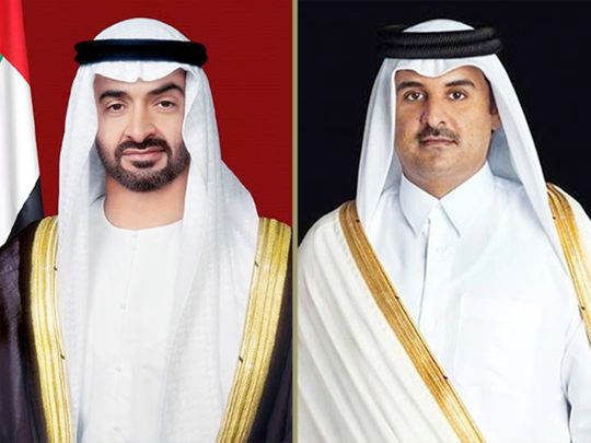 President Sheikh Mohamed bin Zayed Al Nahyan and Sheikh Tamim bin Hamad Al Thani, the Emir of Qatar. 