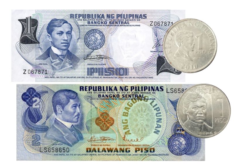 Rizal 2 peso bill and coins Jose Rizal Philippine hero