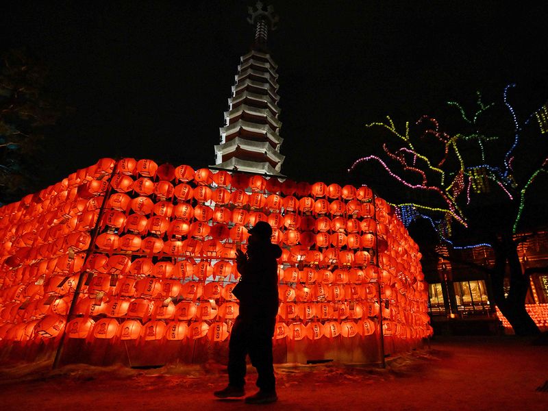 A Buddhist follower prays in front of lotus lanterns during New Year celebrations at Jogye temple in central Seoul   