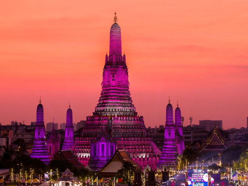 Lights illuminate Wat Arun or the temple of dawn on New Year's Eve in Bangkok, Thailand