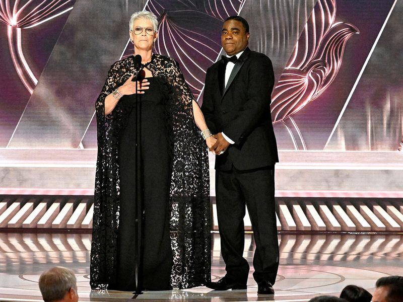 amie Lee Curtis and Tracy Morgan onstage at the 80th Annual Golden Globe Award